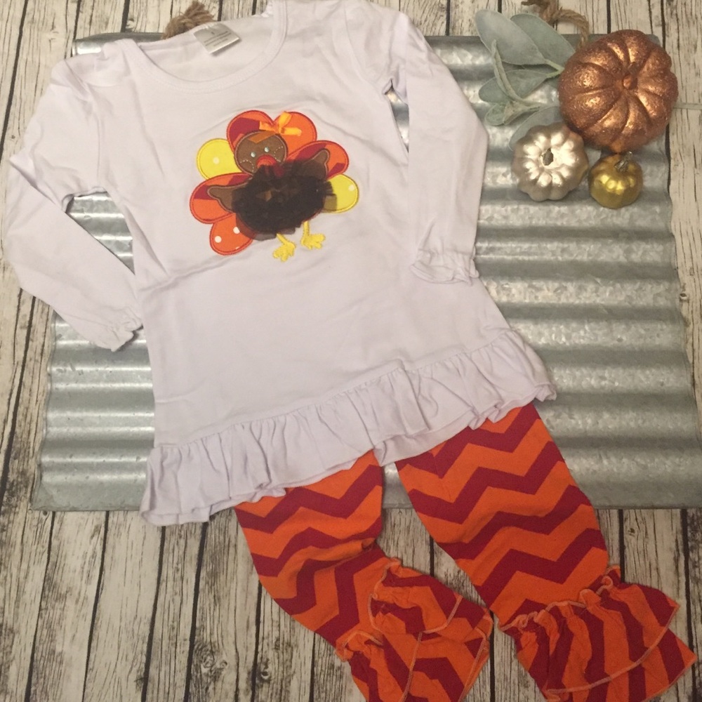 💥Last One💥🦃 Girls Boutique 2pc. Ruffle Chevron Thanksgiving Turkey Outfit - Picture 5 of 11